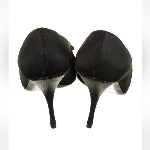 PRADA Black Peau de Soie Peep Toe Heels with Grosgrain Bows Size 6 - Picture 4 of 6